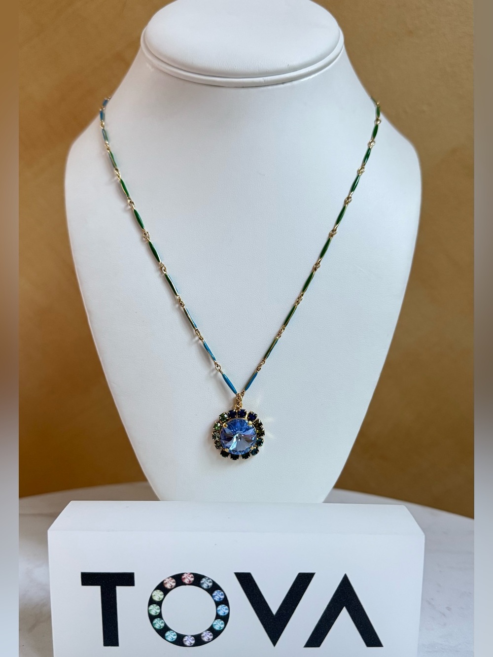TOVA Handpainted enamel mixed gold chain with Blue & Green Crystal necklace